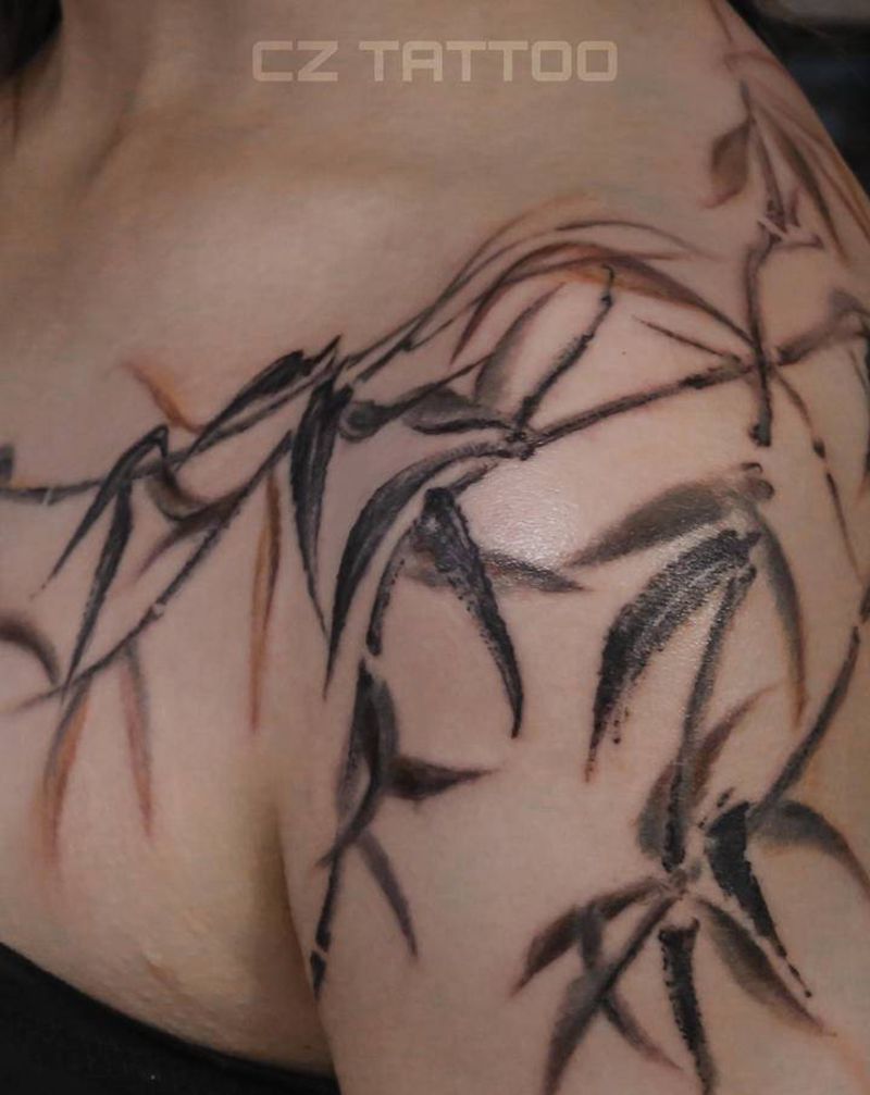 水墨竹子纹身图片_手臂水彩水墨竹子纹身图案