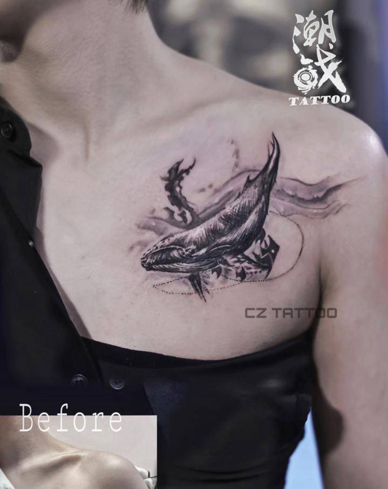 鲸鱼（纹身遮盖）纹身图片_胸部欧美写实鲸纹身图案