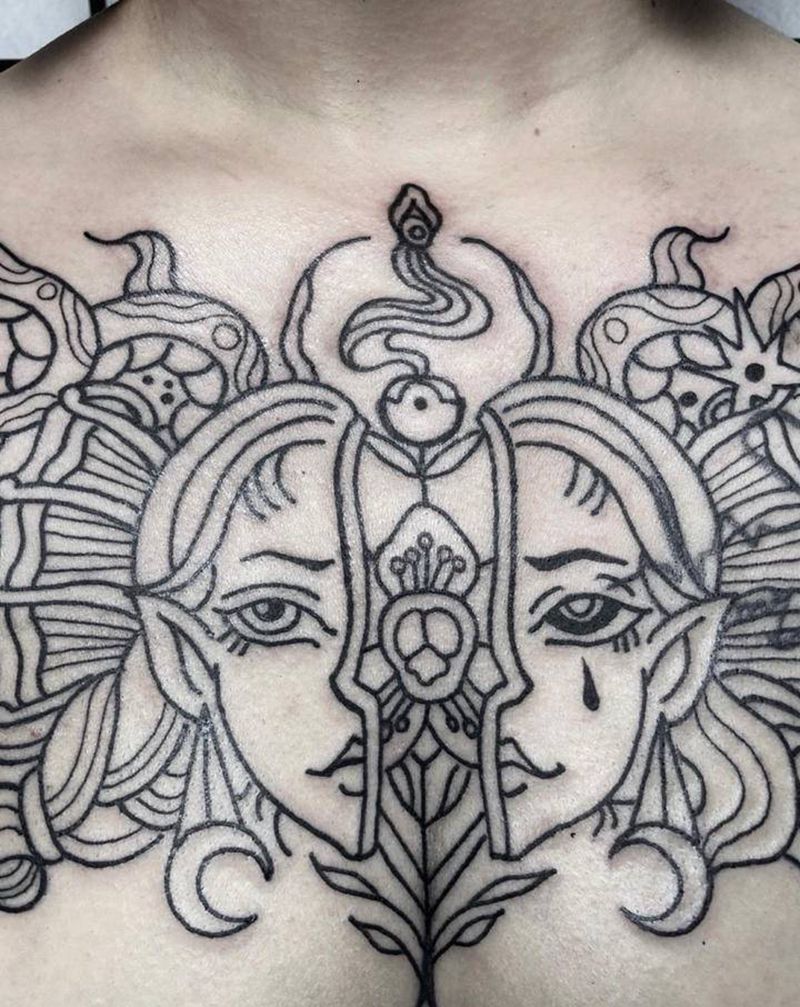 美杜莎 双面小恶童纹身图片_胸部Old School纹身图案