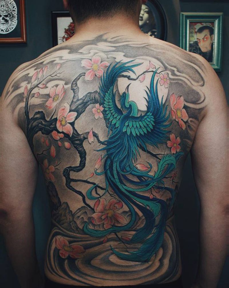五凤-青鸾纹身图片_背部新传统纹身图案