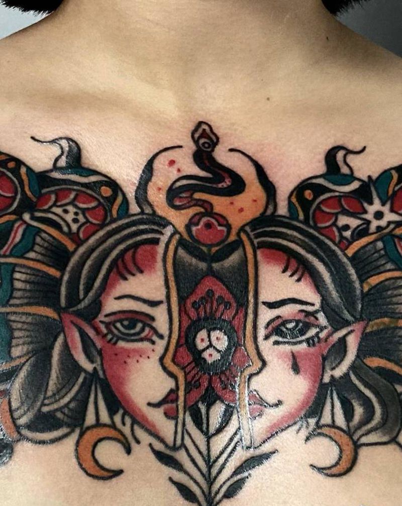 美杜莎 双面小恶童纹身图片_胸部Old School纹身图案