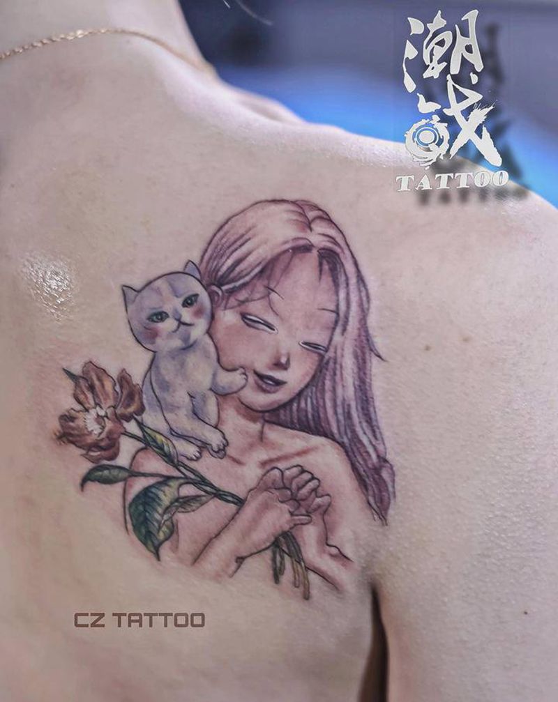 我和我的宝贝猫纹身图片_背部欧美写实小清新猫纹身图案