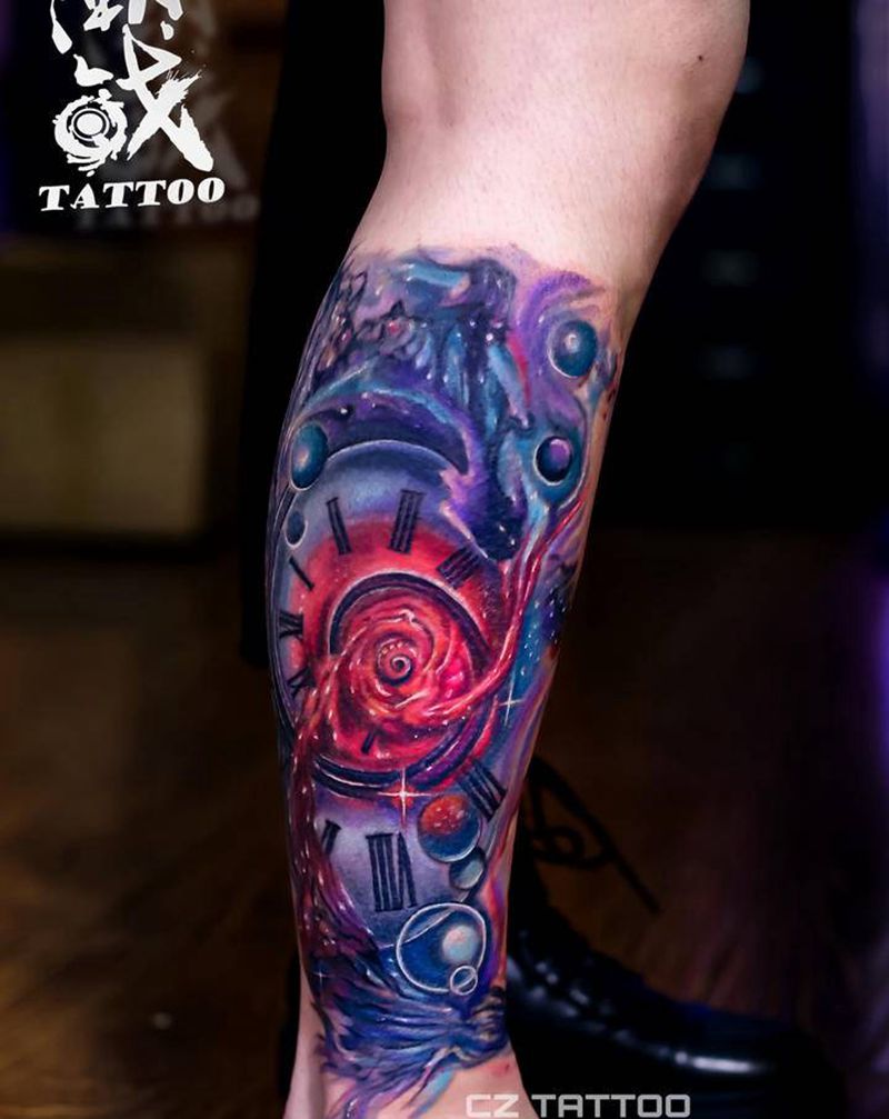 时间煮雨纹身图片_腿部New School欧美写实时钟纹身图案