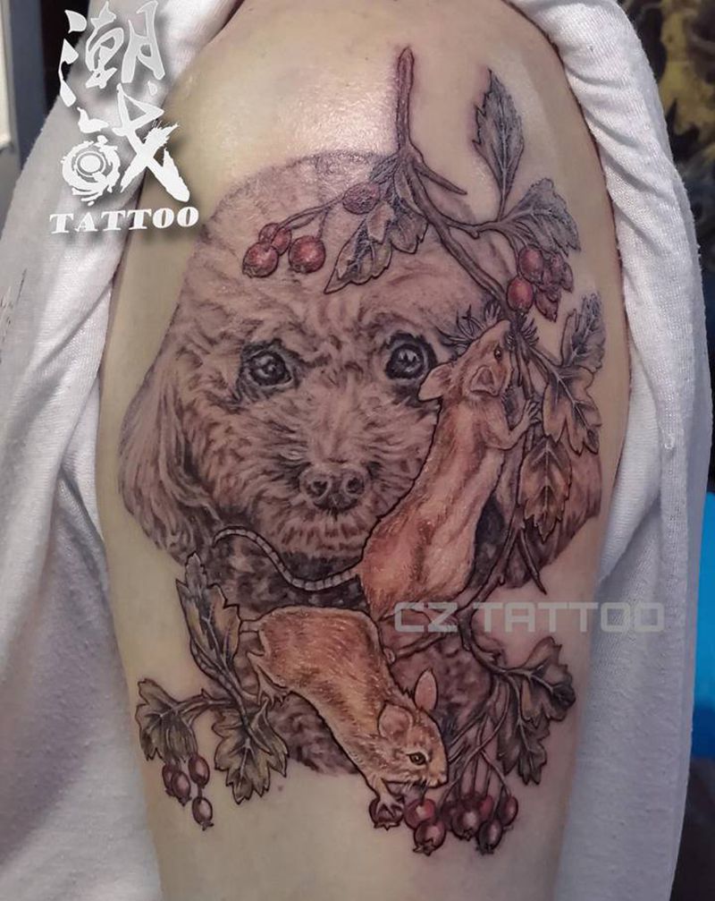 宝贝宠物与生肖纹身图片_手臂欧美写实狗狗老鼠纹身图案