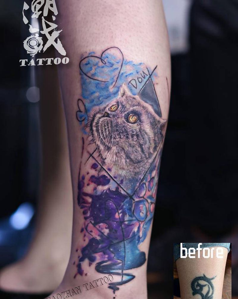 宠物猫（纹身遮盖）纹身图片_腿部欧美写实猫咪纹身图案