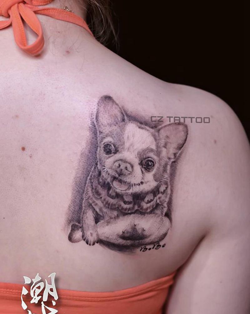 宠物狗狗纹身图片_背部欧美写实宠物纹身图案
