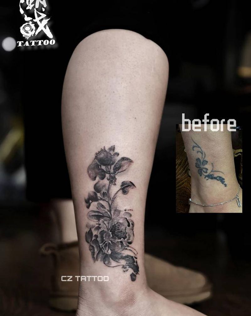 水墨花（纹身遮盖）纹身图片_脚部水墨纹身图案