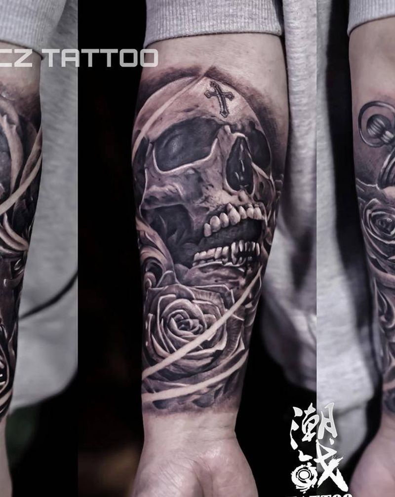 暗黑风格纹身图片_手臂欧美写实骷髅包臂纹身图案