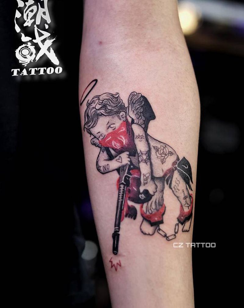 暴走天使纹身图片_手臂欧美写实天使纹身图案