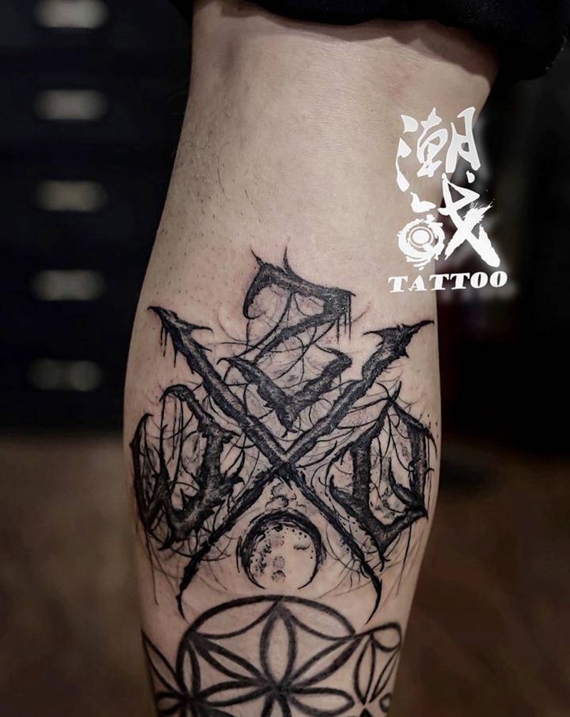 花体字衔接纹身图片_腿部花体字暗黑纹身图案