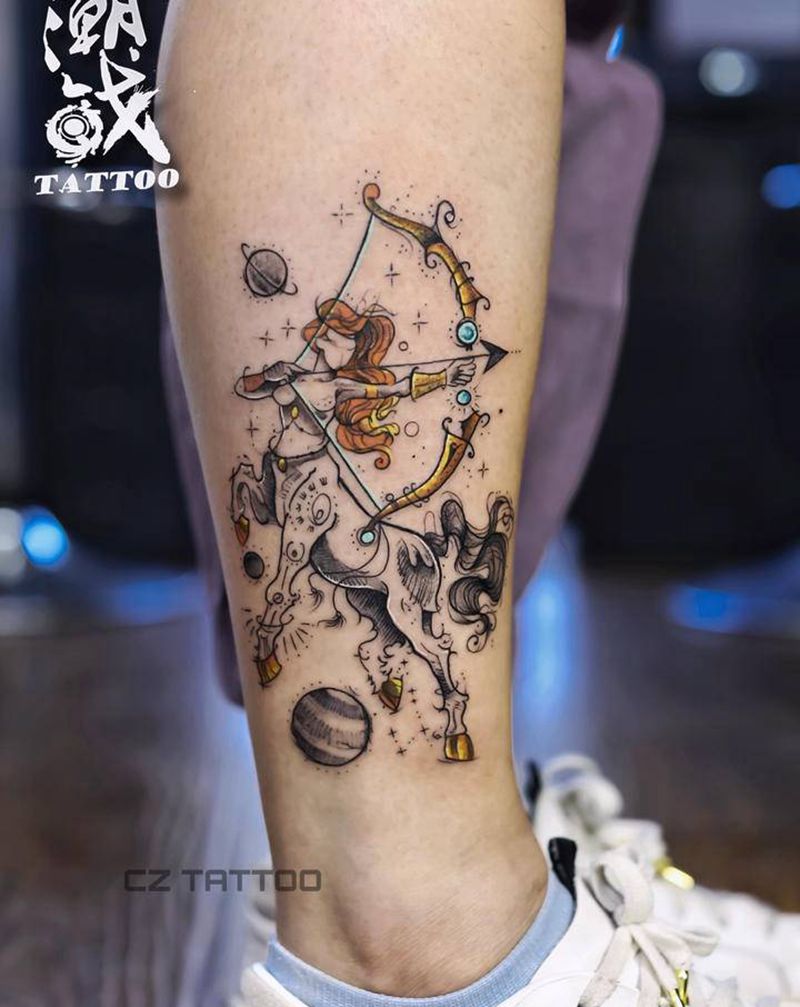 射手座纹身图片_腿部欧美写实人马座纹身图案