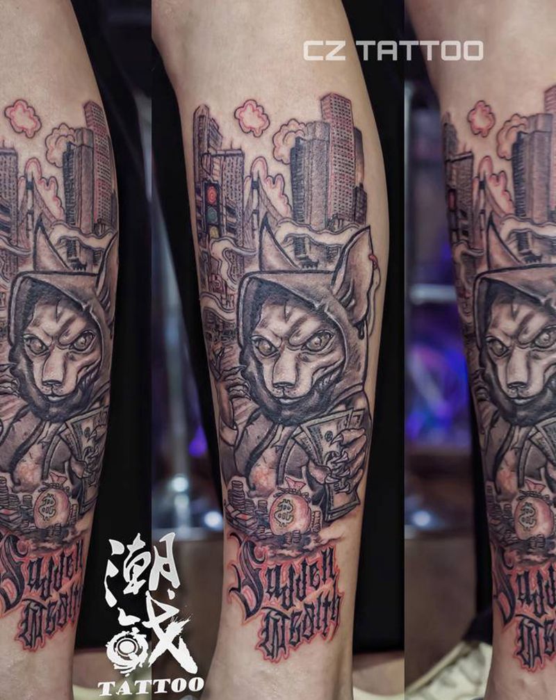 斯芬克斯纹身图片_腿部欧美写实Old School纹身图案