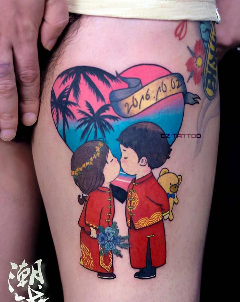 心心相印纹身图片_腿部New School情侣卡通纹身图案