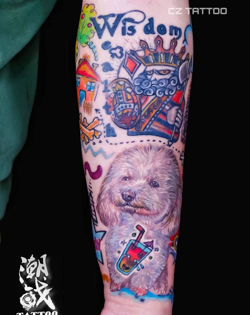 宠物宝贝纹身图片_手臂New School欧美写实泰迪狗纹身图案