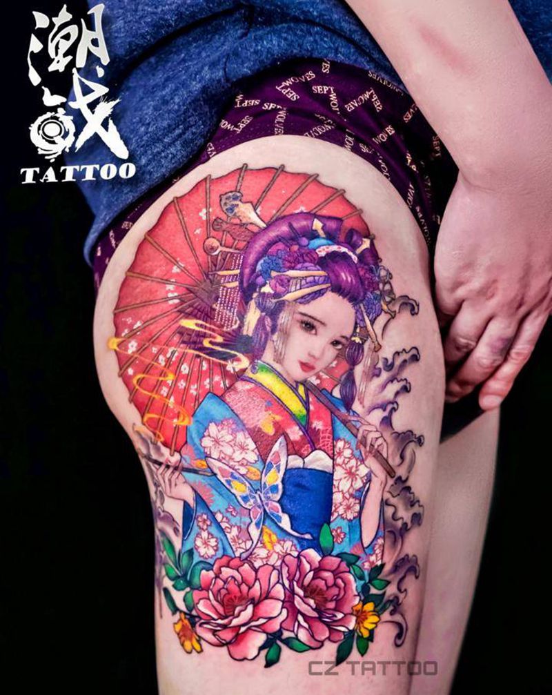 艺伎纹身图片_腿部新传统New School花魁纹身图案