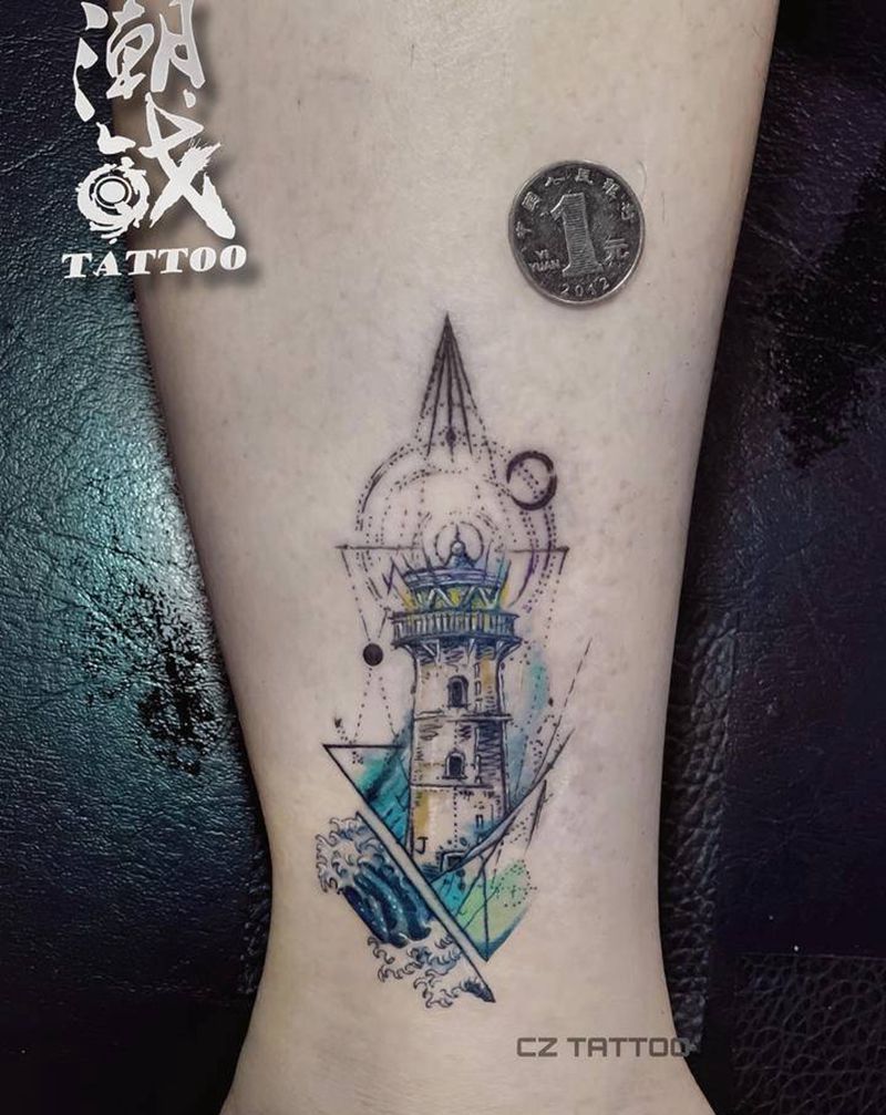 灯塔纹身图片_腿部欧美写实几何纹身图案