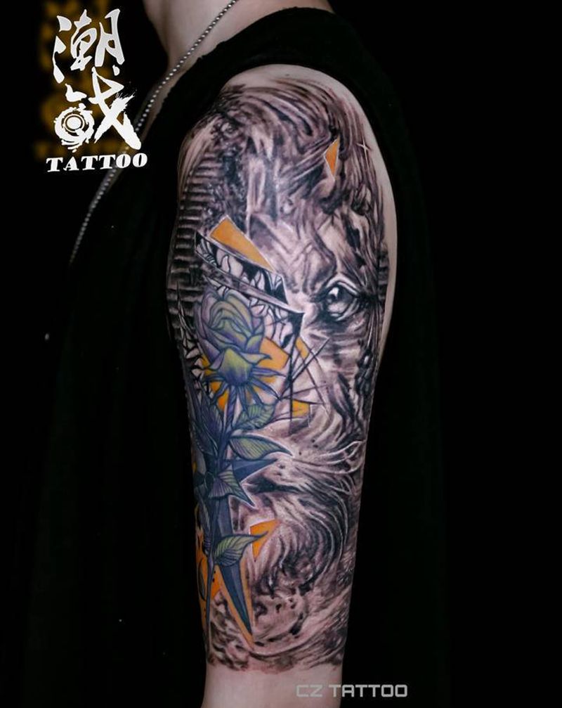 成长之路（纹身美化衔接）纹身图片_手臂欧美写实几何狮子纹身图案