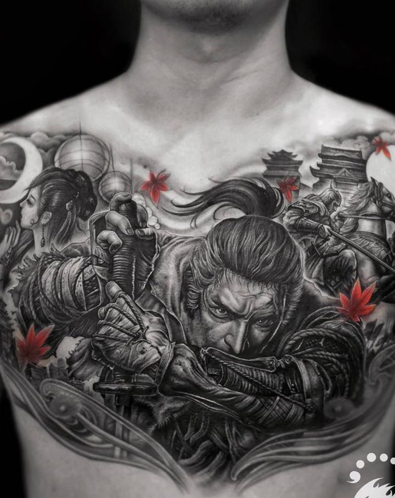 侠客纹身图片_胸部肩部欧美写实点刺纹身图案