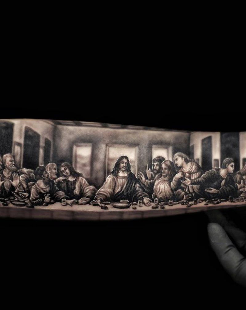 《最后的晚餐》纹身图片_手臂手部欧美写实花体字纹身图案