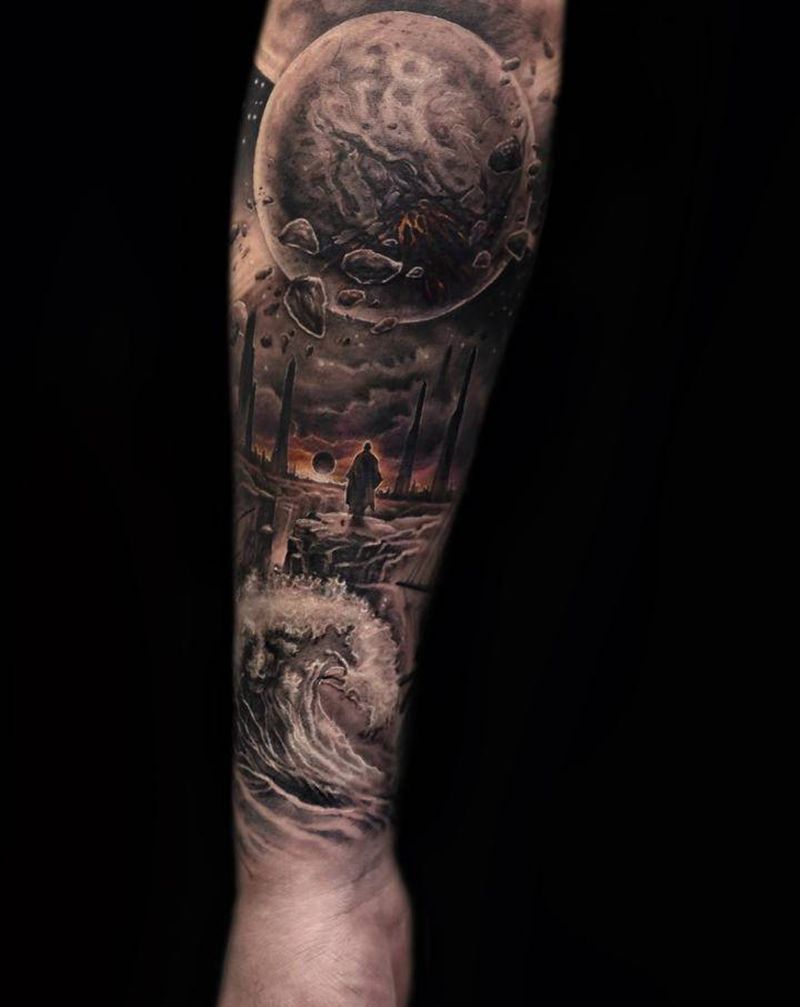 宇宙边界纹身图片_腿部欧美写实New School纹身图案