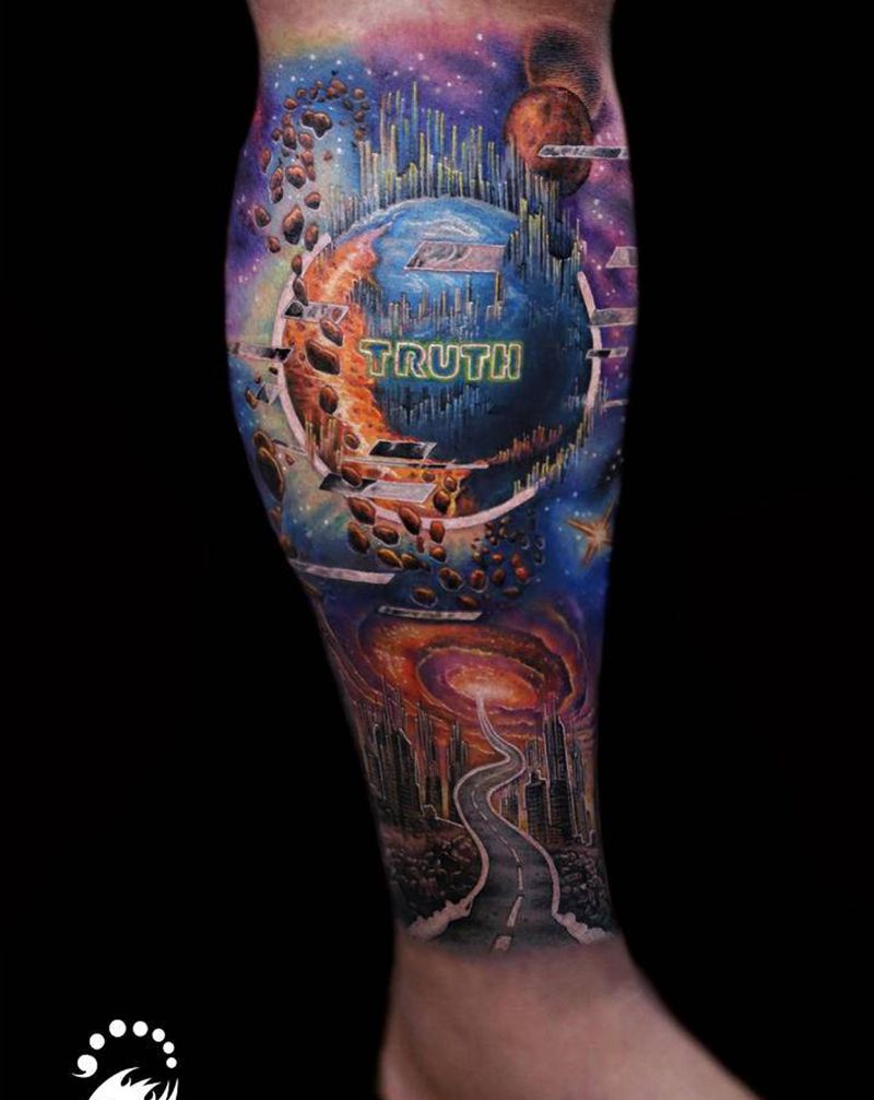 宇宙纹身图片_脚部腿部欧美写实New School纹身图案