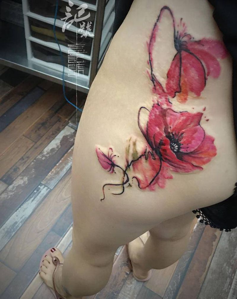 疤痕遮盖纹身图片_腰部手臂水彩纹身图案