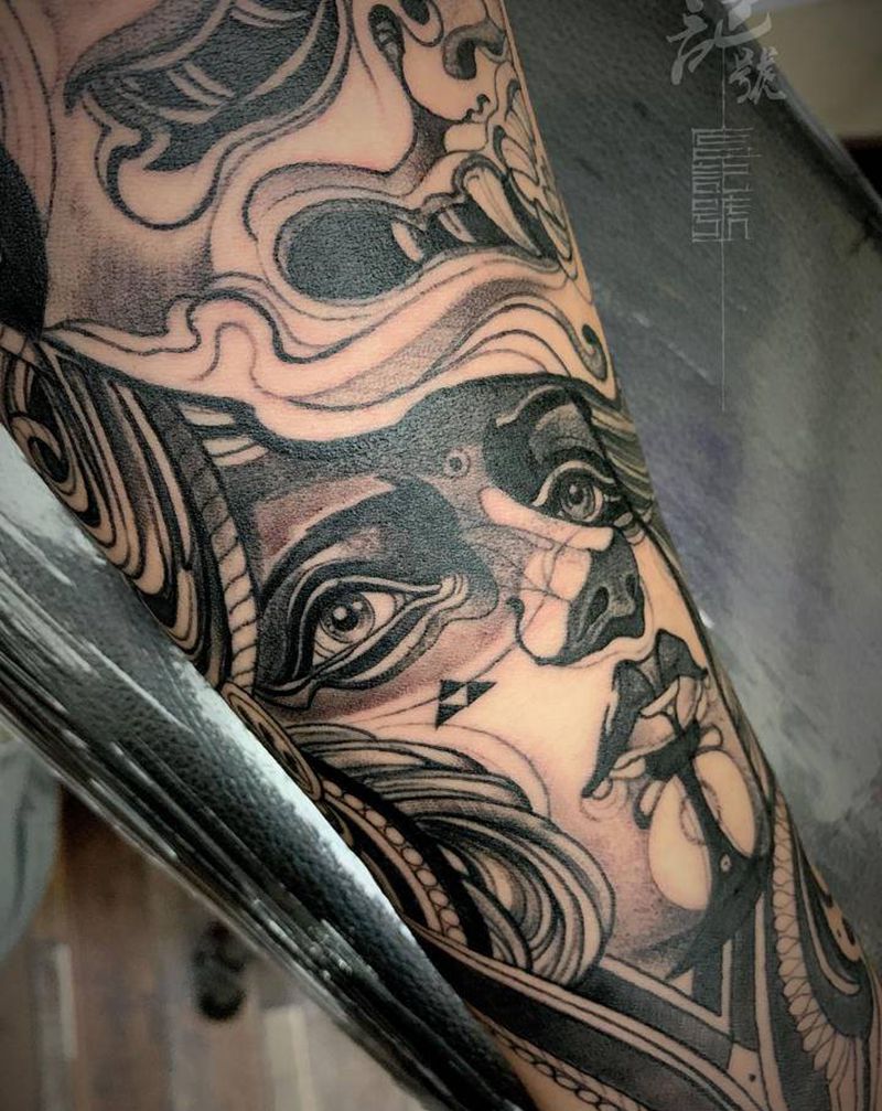 来吧!展示!纹身图片_腿部腰部New School点刺纹身图案