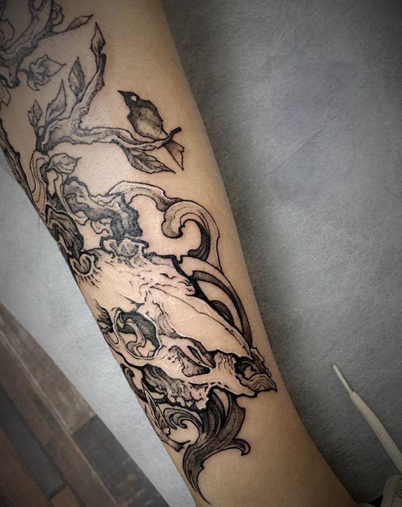 个性鹿骷髅纹身图片_手臂腰部点刺New School纹身图案