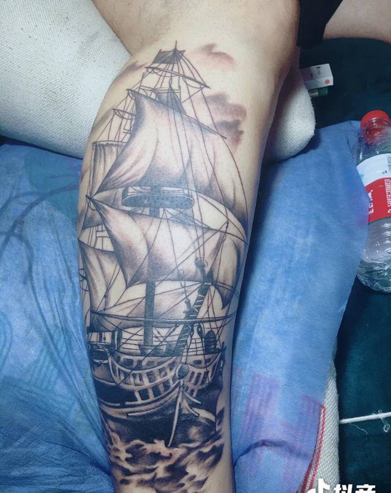 帆纹身图片_腿部纹身图案