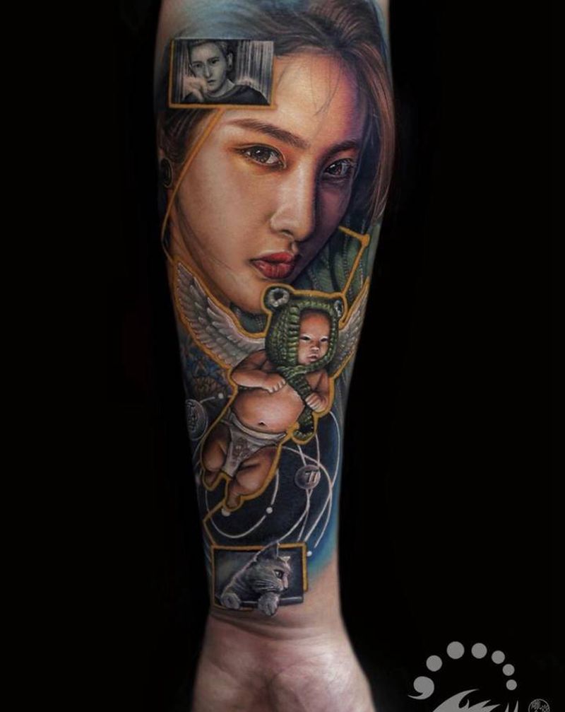 彩色写实肖像纹身图片_手臂手部欧美写实几何纹身图案