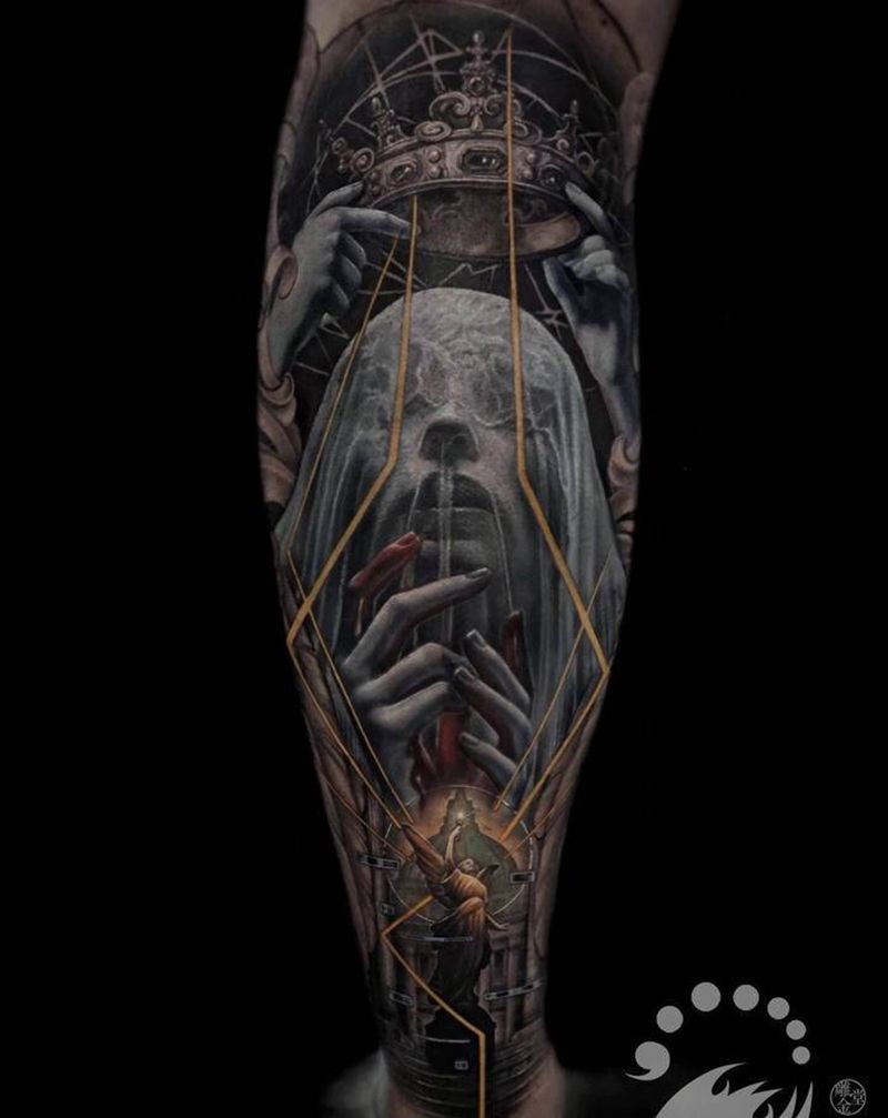 《血腥的权位》纹身图片_腿部脚部欧美写实几何纹身图案