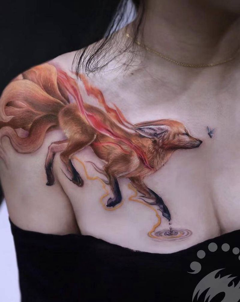 九尾狐纹身图片_手臂肩部欧美写实几何纹身图案