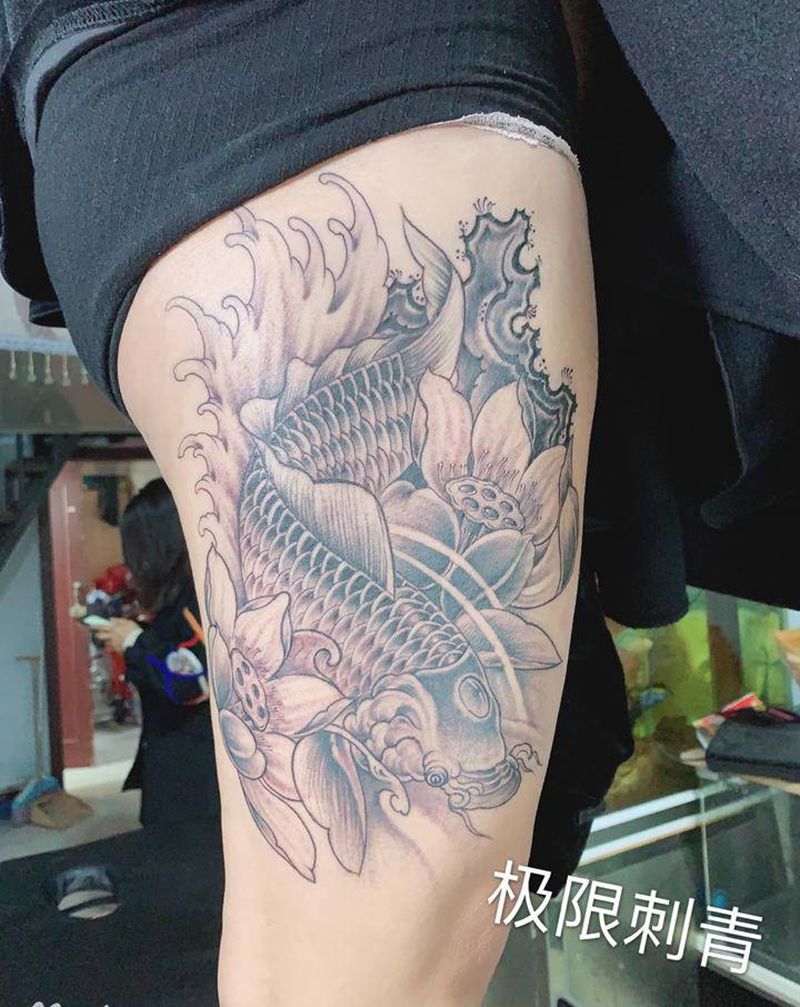 鲤鱼纹身纹身图片_腿部新传统纹身图案