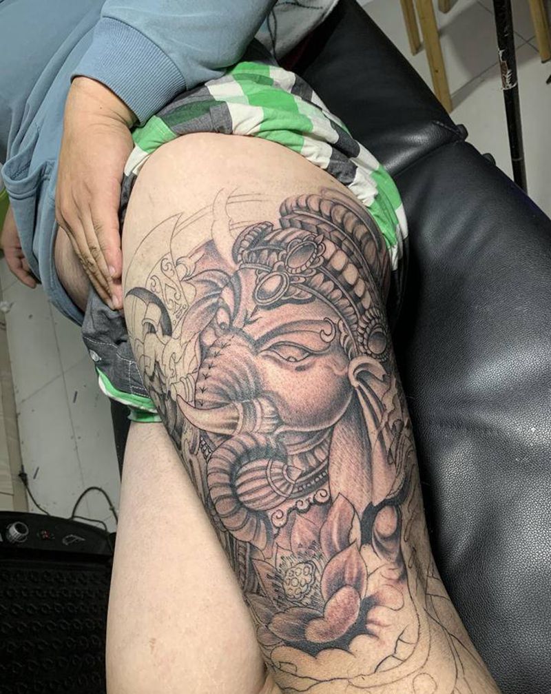 花腿象神纹身图片_腿部纹身图案