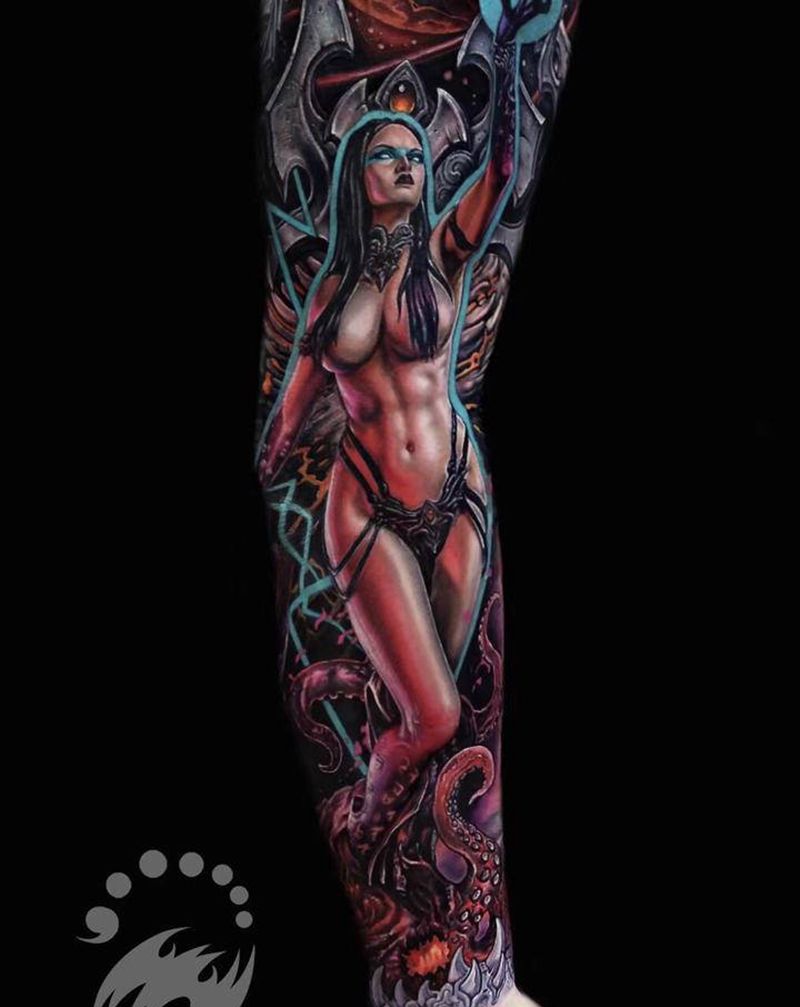 彩色花臂纹身图片_欧美写实几何纹身图案