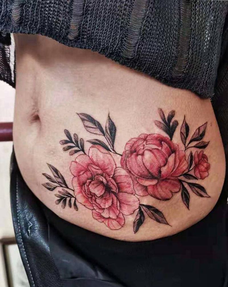 素花遮盖妊娠纹纹身图片_腰部纹身图案