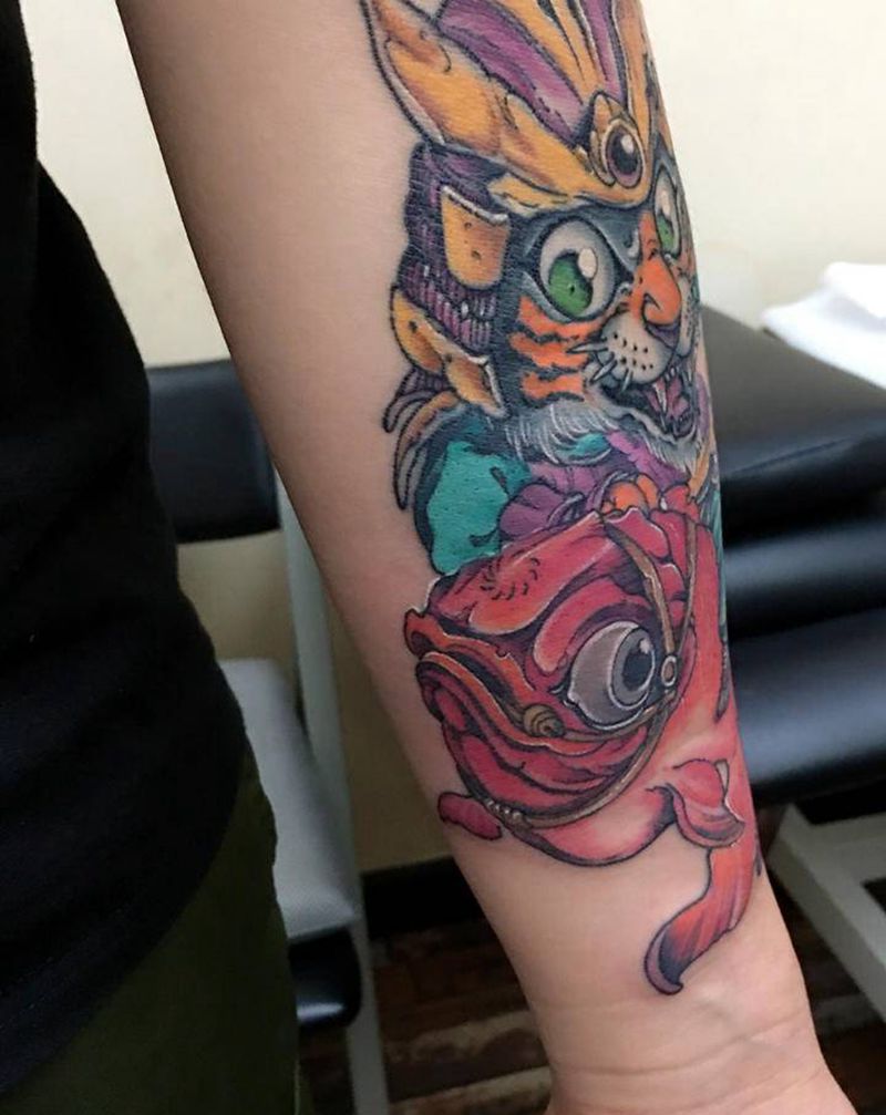 小老虎加个座骑纹身图片_腰部腿部New School纹身图案