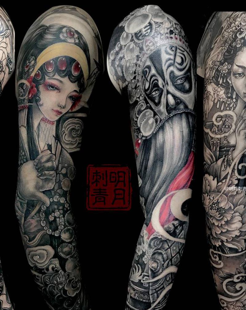 年中总结纹身图片_手臂新传统花臂艺妓中国风纹身图案