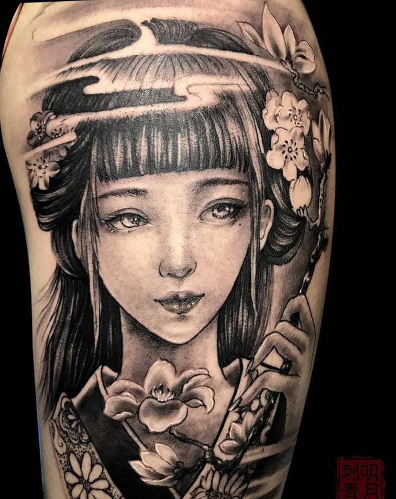 我是你头顶云纹身图片_腿部新传统艺妓汉美人中国风纹身图案