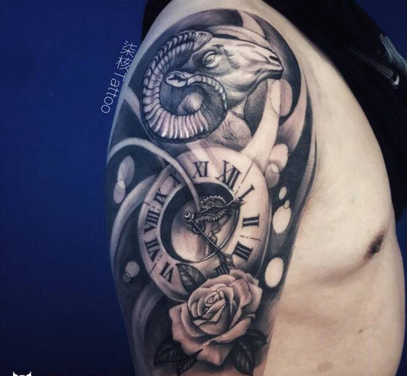 白羊座纹身图片_手臂肩部欧美写实白羊座星座纹身图案