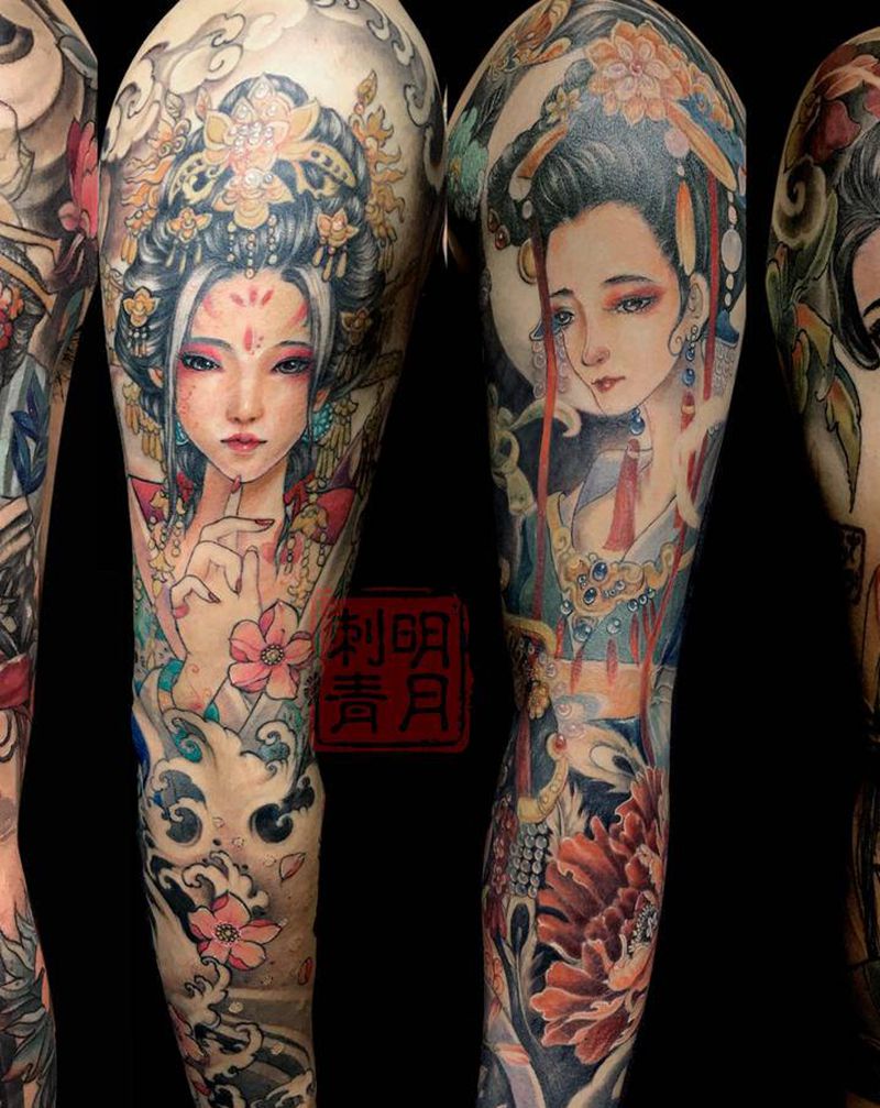 汉美人花臂纹身图片_手臂老传统花臂汉美人艺妓纹身图案
