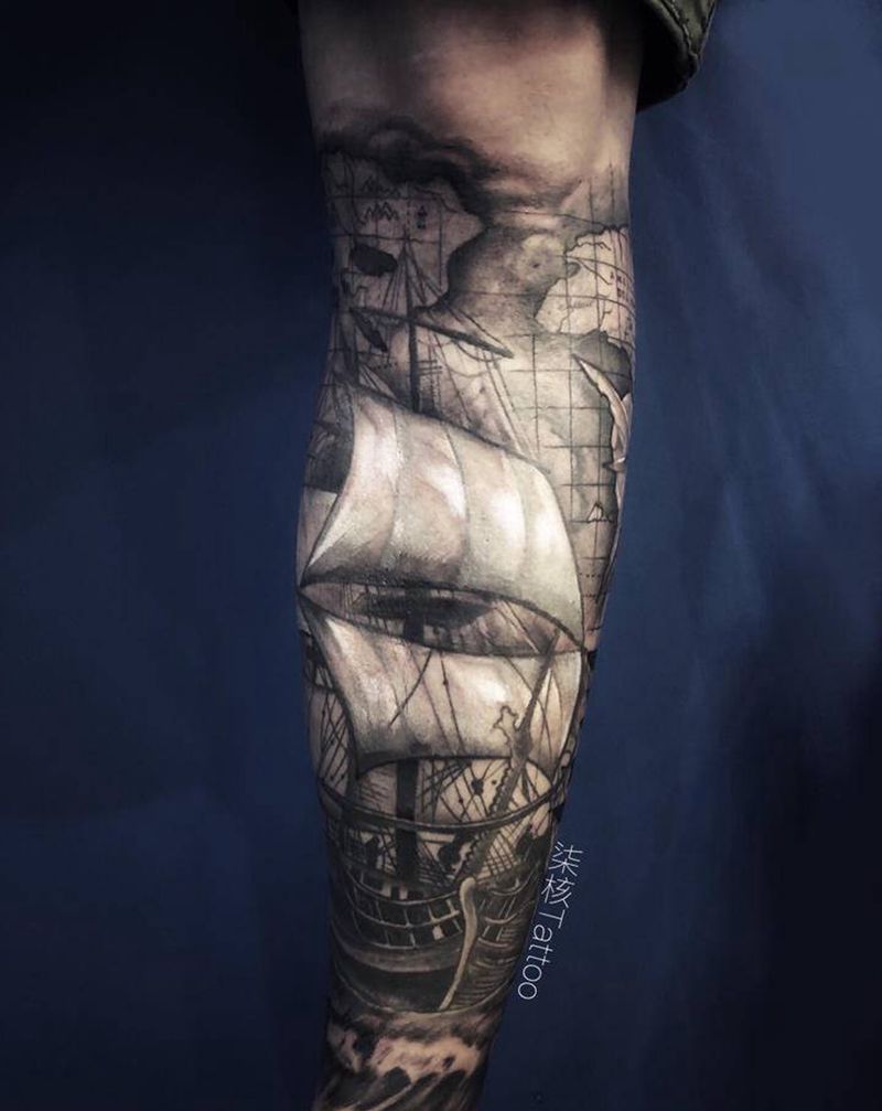 航海志（毁皮纹身修改）纹身图片_腿部欧美写实帆船纹身图案
