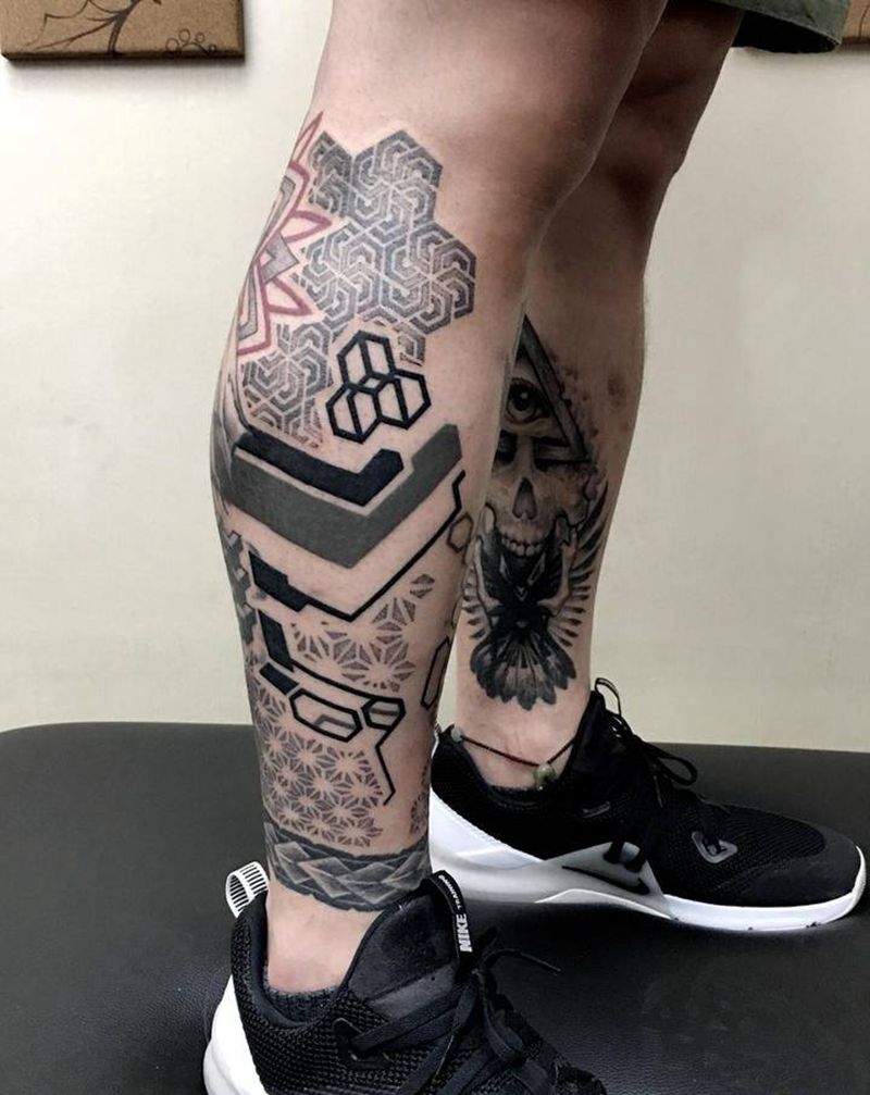 混搭纹身图片_手臂点刺几何纹身图案
