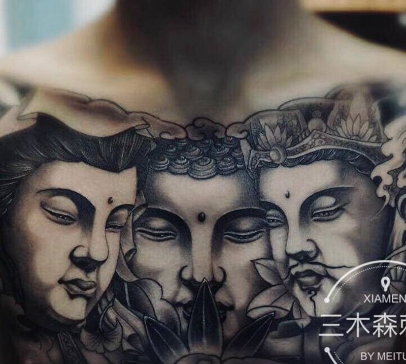 三面佛纹身图片_胸部纹身图案