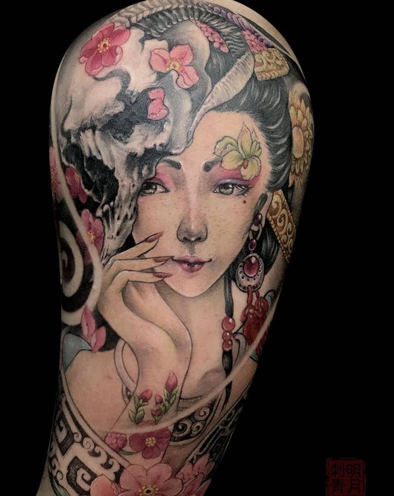 我是明月啊纹身图片_手臂新传统艺妓汉美人面具纹身图案