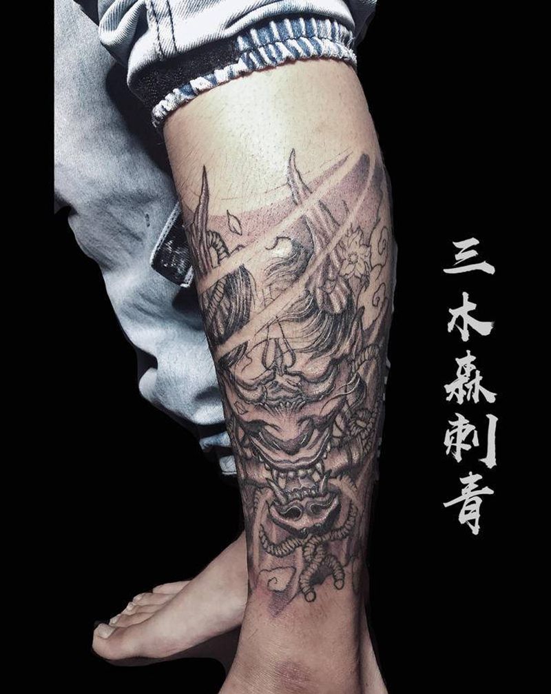 鬼武士纹身图片_腿部新传统纹身图案