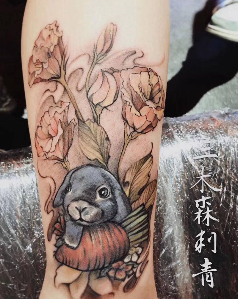 泼墨兔子纹身图片_手臂欧美写实纹身图案