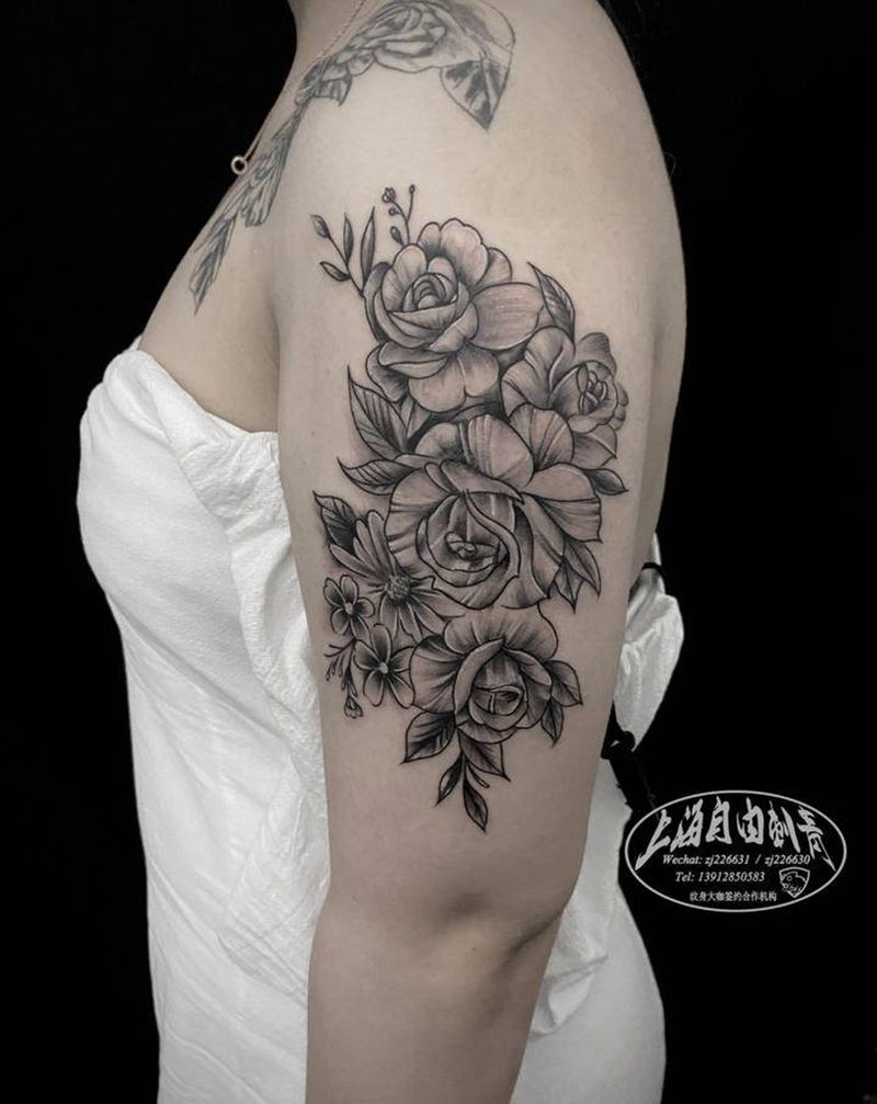 素花纹身图片_手臂背部点刺素花纹身图案