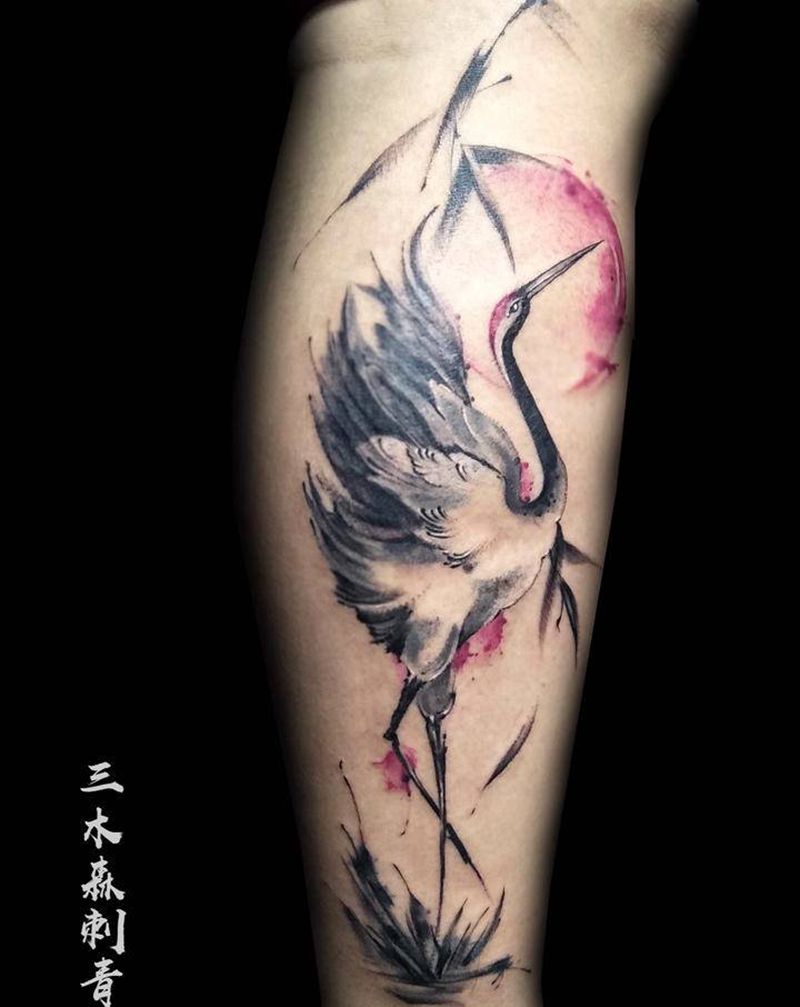 鹤纹身图片_脚部新传统水彩纹身图案