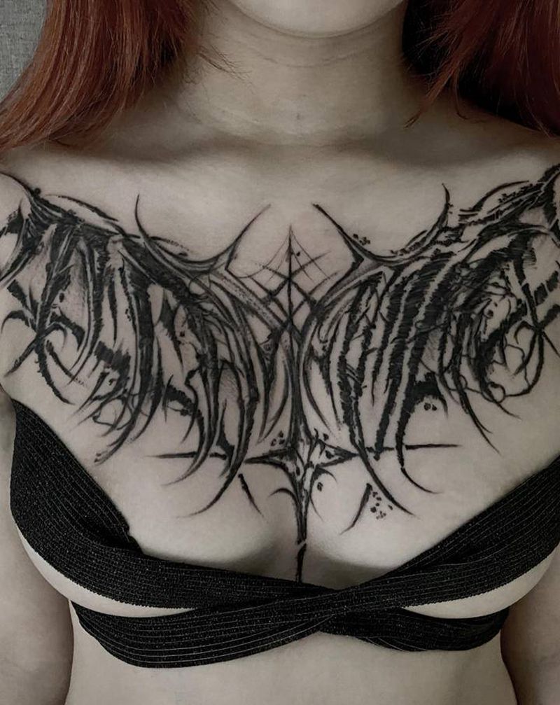 富江纹身图片_胸部花体字纹身图案